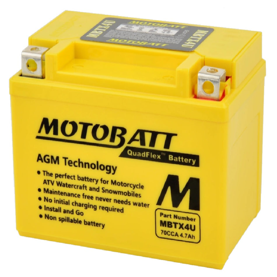 Motobatt Battery MBTX4U 12v 5.0Ah (20Hr) CCA:70A YTX4L-BS,YT4LBS, YB4LB L:114mm x H:87mm x W:70mm