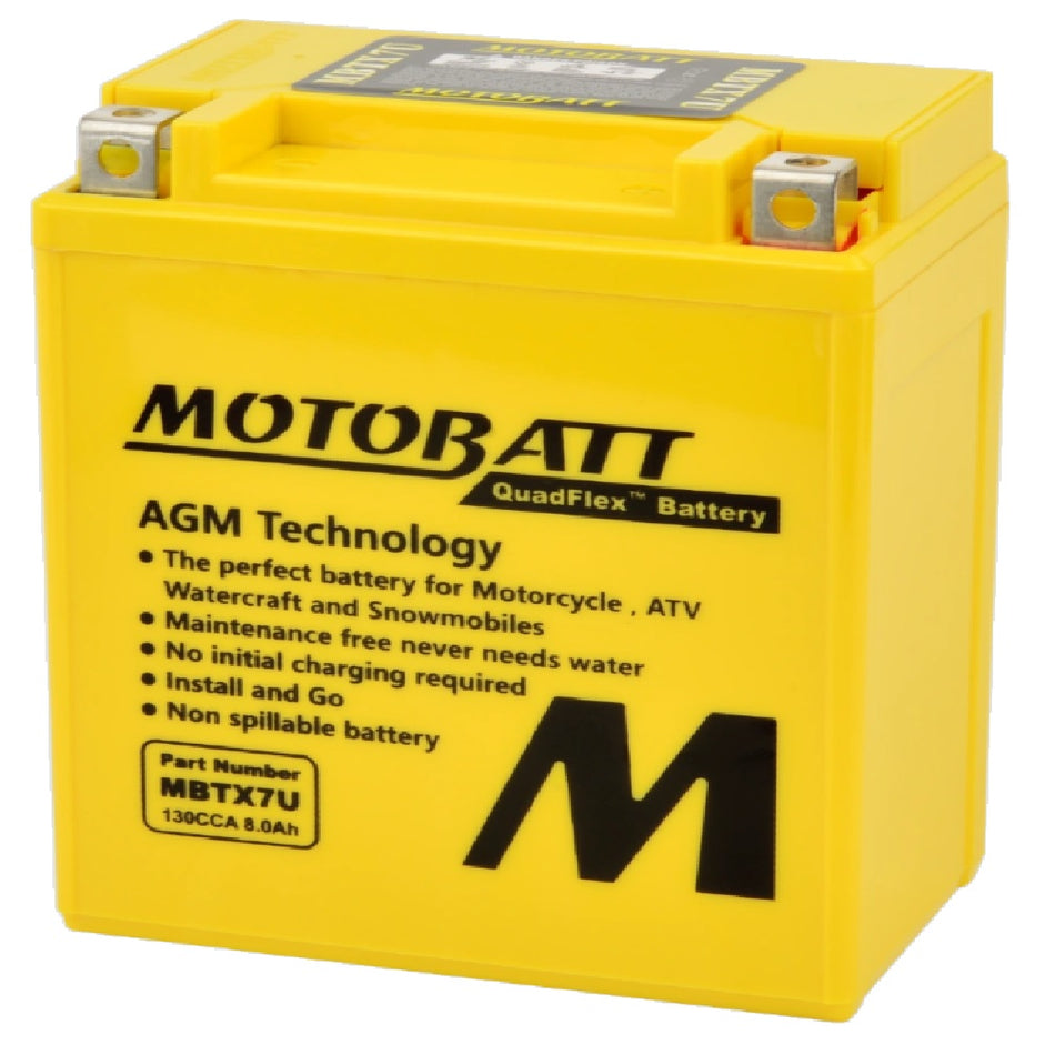 Motobatt Battery MBTX7U 12v 8.5Ah (20Hr) CCA:130A YTX7LBS, YTZ8V L:114mm x H:128mm x W:70mm