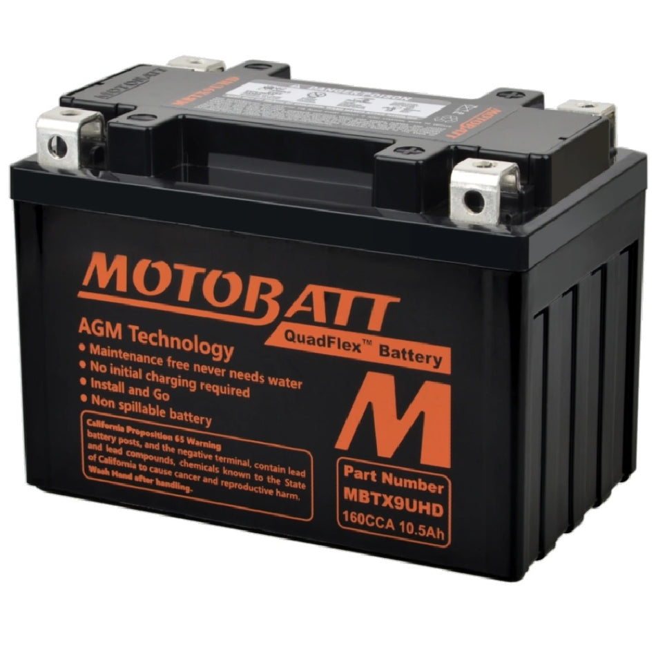 Motobatt Battery MBTX9UHD Black 12v 11.1Ah (20Hr) CCA:160A YTX9BS, YT12ABS L:151mm x H:105mm x W:87mm