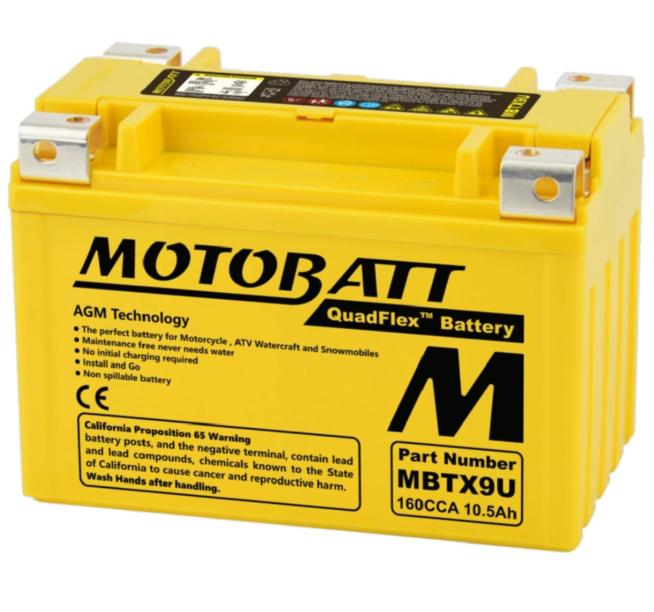 Motobatt Battery MBTX9U 12v 11.1Ah (20Hr) CCA:160A YTX9BS, YT12ABS L:151mm x H:105mm x W:87mm