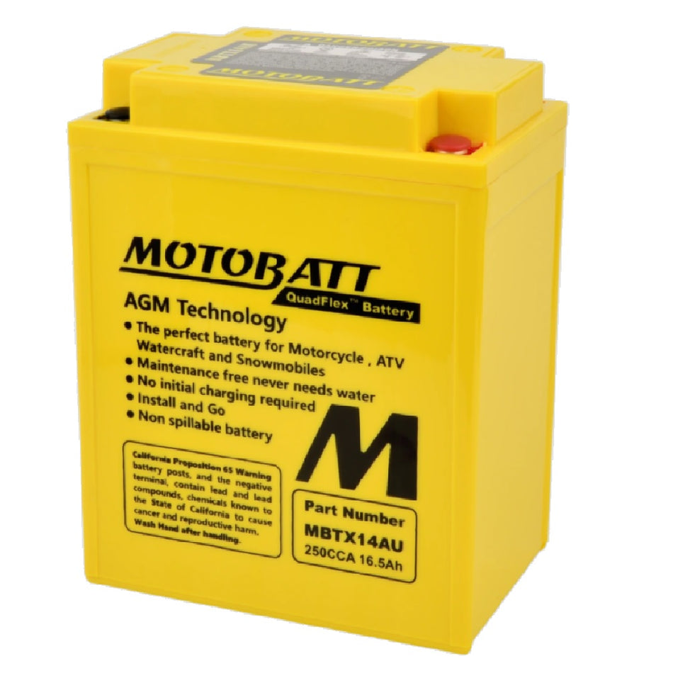 Motobatt Battery MBTX14AU 12v 16.5Ah (20Hr) CCA:250A YTX14AHLBS, YB14LA2 L:135mm x H:168mm x W:90mm