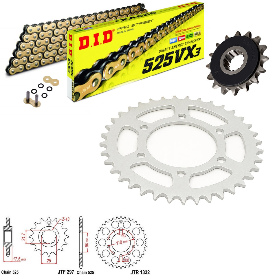 DID VX3 525x104 Gold Chain with JTF297.15RB & JTR1332.41 Sprocket Kit
