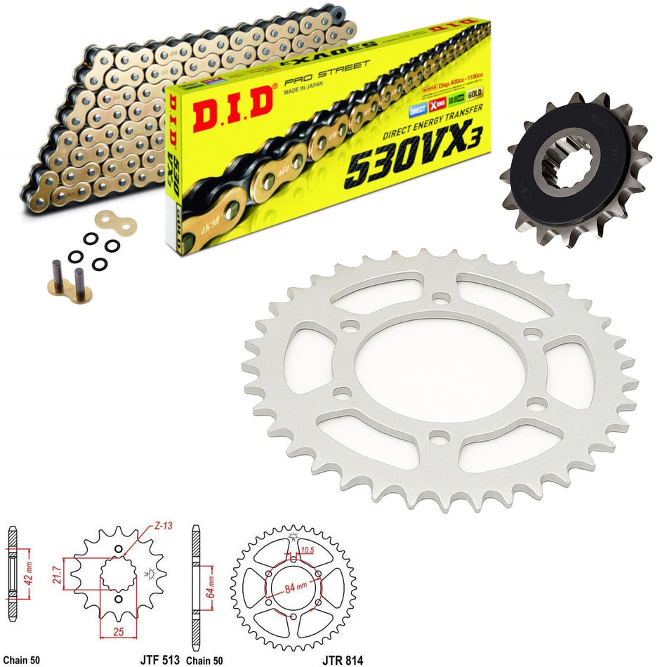 DID VX3 530x102 Gold Chain with JTF513.16RB & JTR814.41 Sprocket Kit