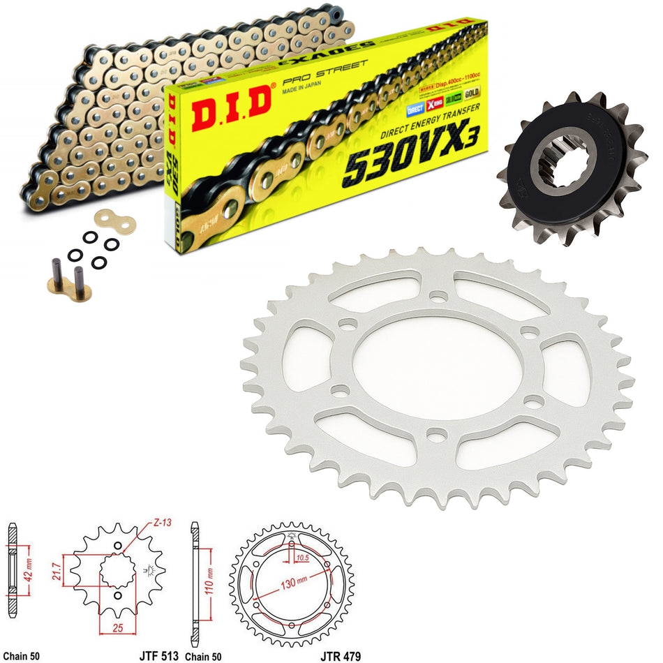 DID VX3 530x104 Gold Chain with JTF513.15RB & JTR479.42 Sprocket Kit