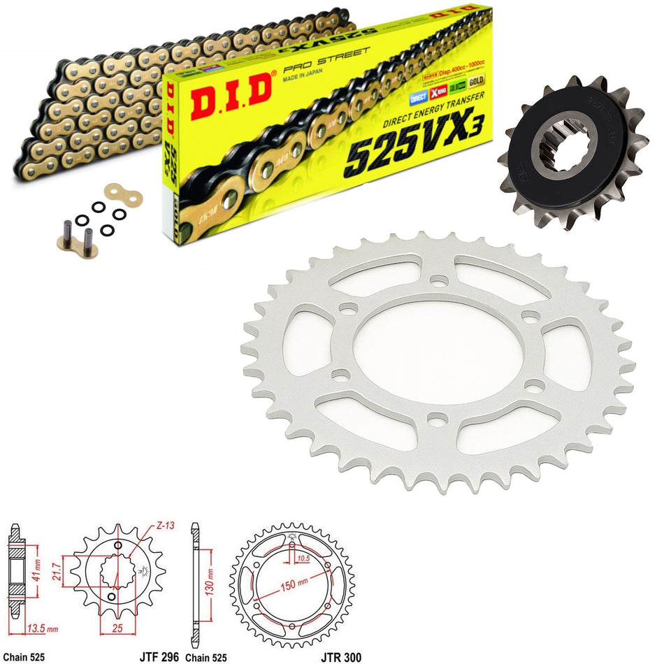 DID VX3 525x120 Gold Chain with JTF296.15RB & JTR300.47 Sprocket Kit