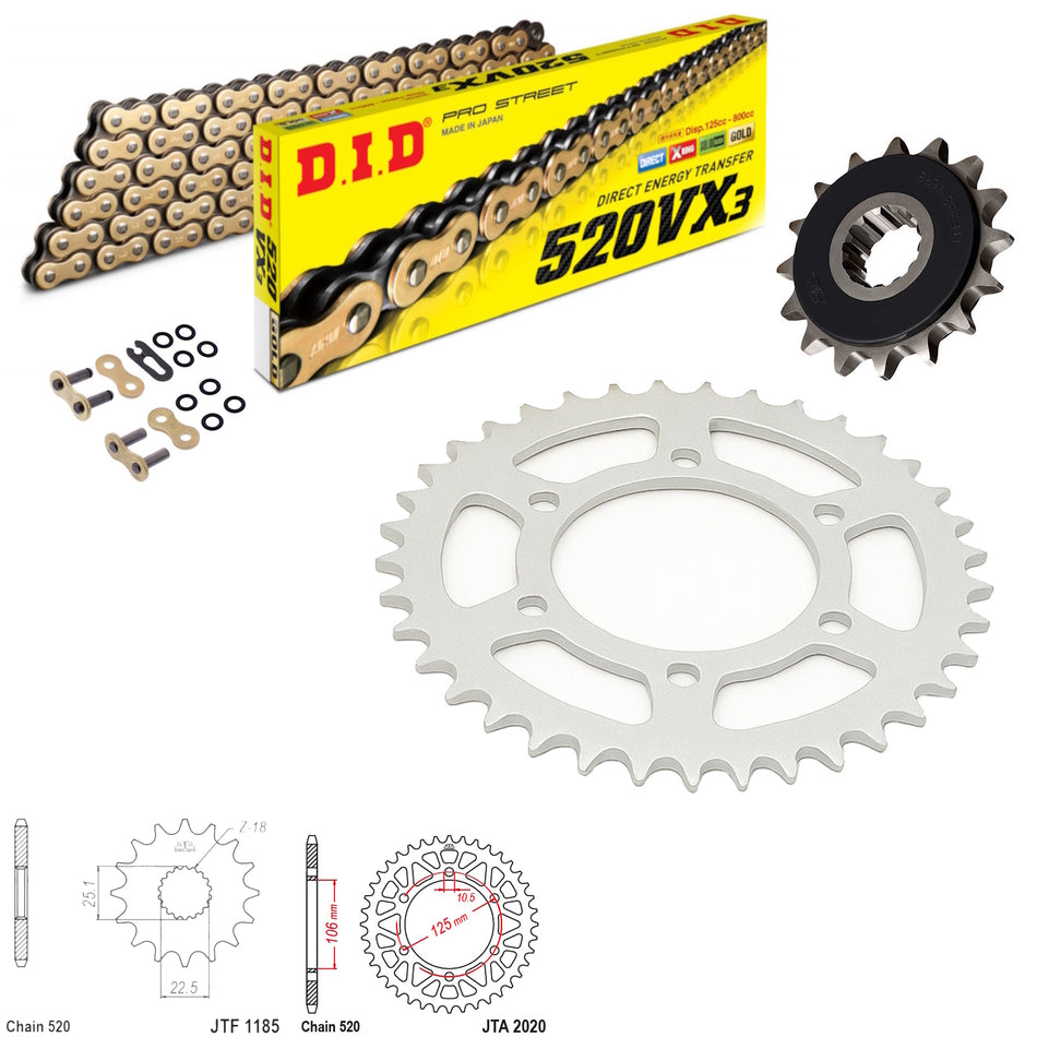 DID VX3 520x102 Gold Chain with JTF1185.17RB & JTR2020.41 Sprocket Kit