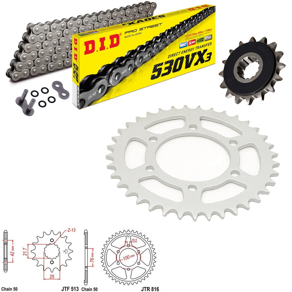 DID VX3 530x112 Chain with JTF513.15RB & JTR816.50 Sprocket Kit