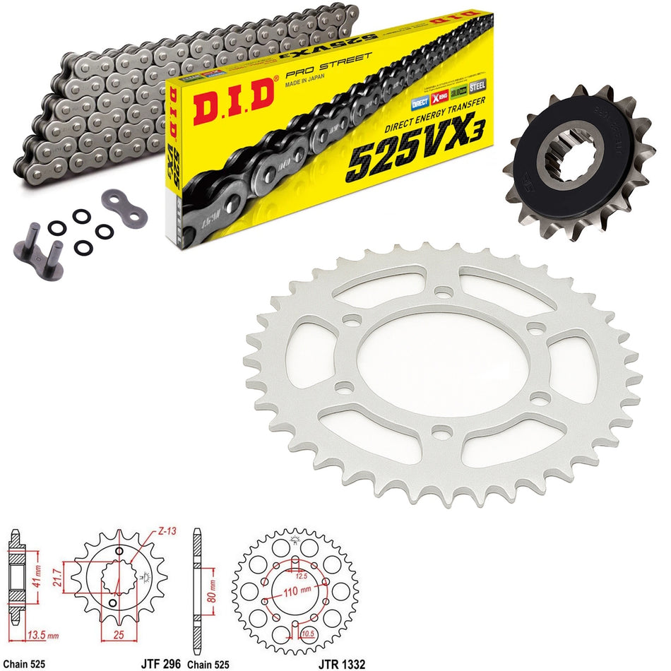 DID VX3 525x120 Chain with JTF296.16RB & JTR1332.44 Sprocket Kit