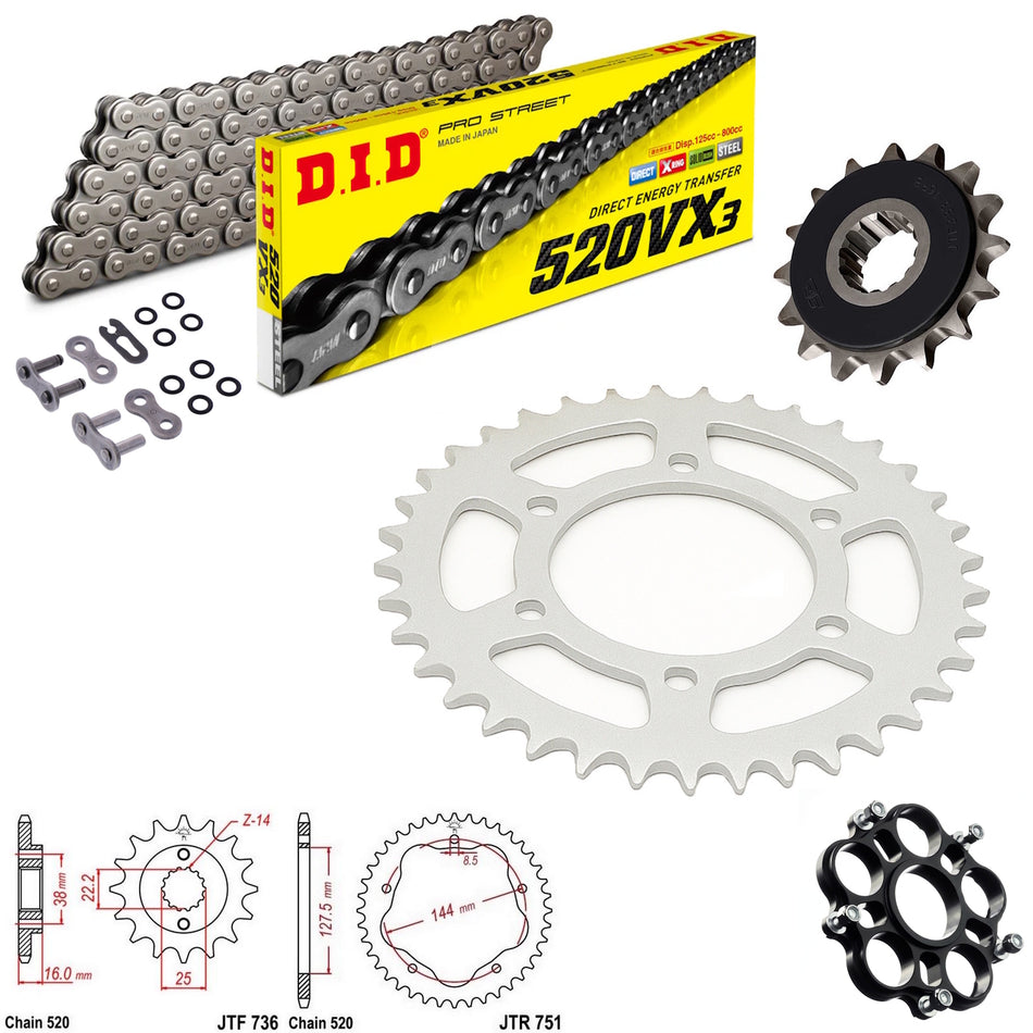 DID VX3 520x104 Chain with JTF736.15RB & JTA750B & JTR751.42 Sprocket Kit