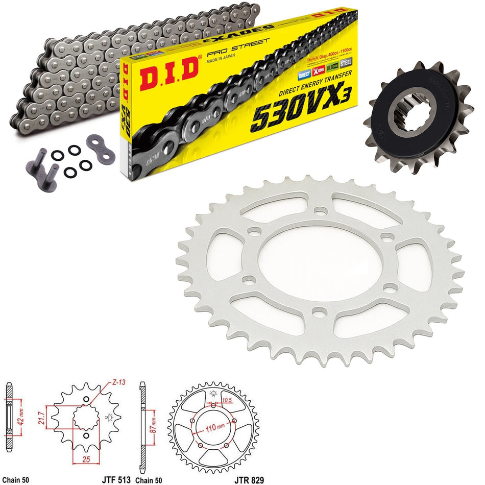 DID VX3 530x116 Chain with JTF513.15RB & JTR829.48 Sprocket Kit