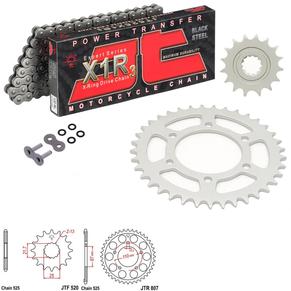 JT X1R3 525x108 Chain with JTF520.15 & JTR807.44 Sprocket Kit