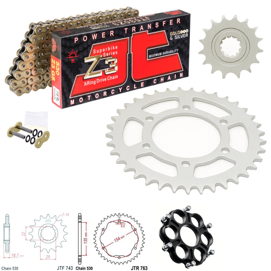 JT Z3 530x108 Gold Chain with JTF743.15 & JTR763.40 & JTA760B Sprocket Kit
