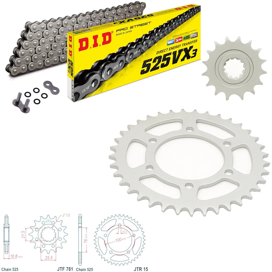 DID VX3 525x108 Chain with JTF781.14 & JTR15.44 Sprocket Kit