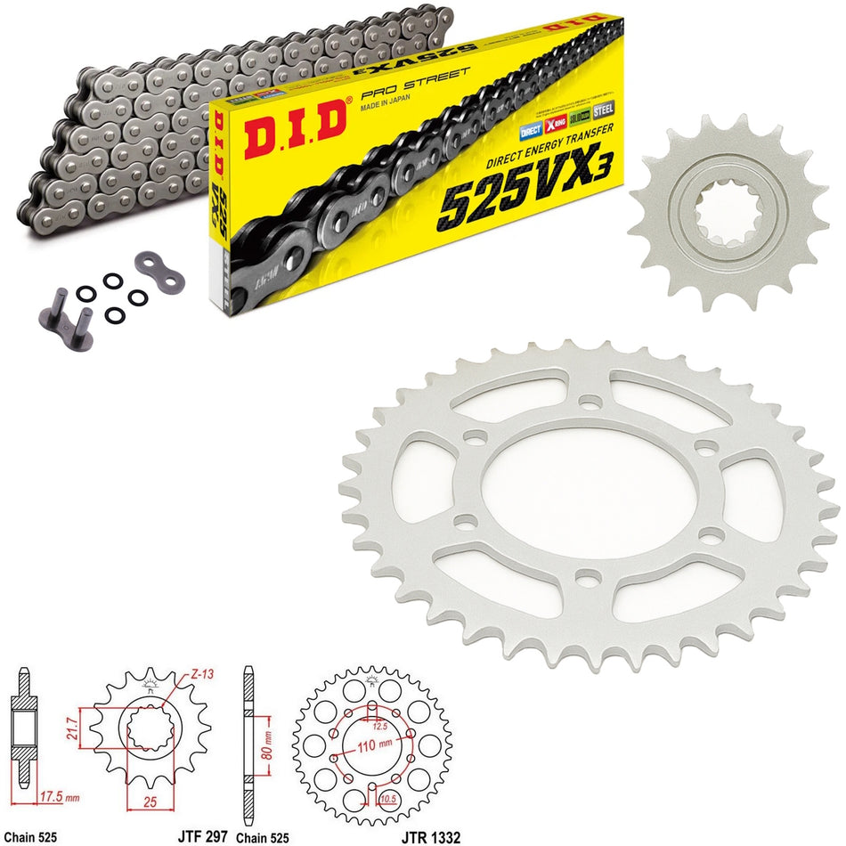 DID VX3 525x104 Chain with JTF297.15 & JTR1332.41 Sprocket Kit