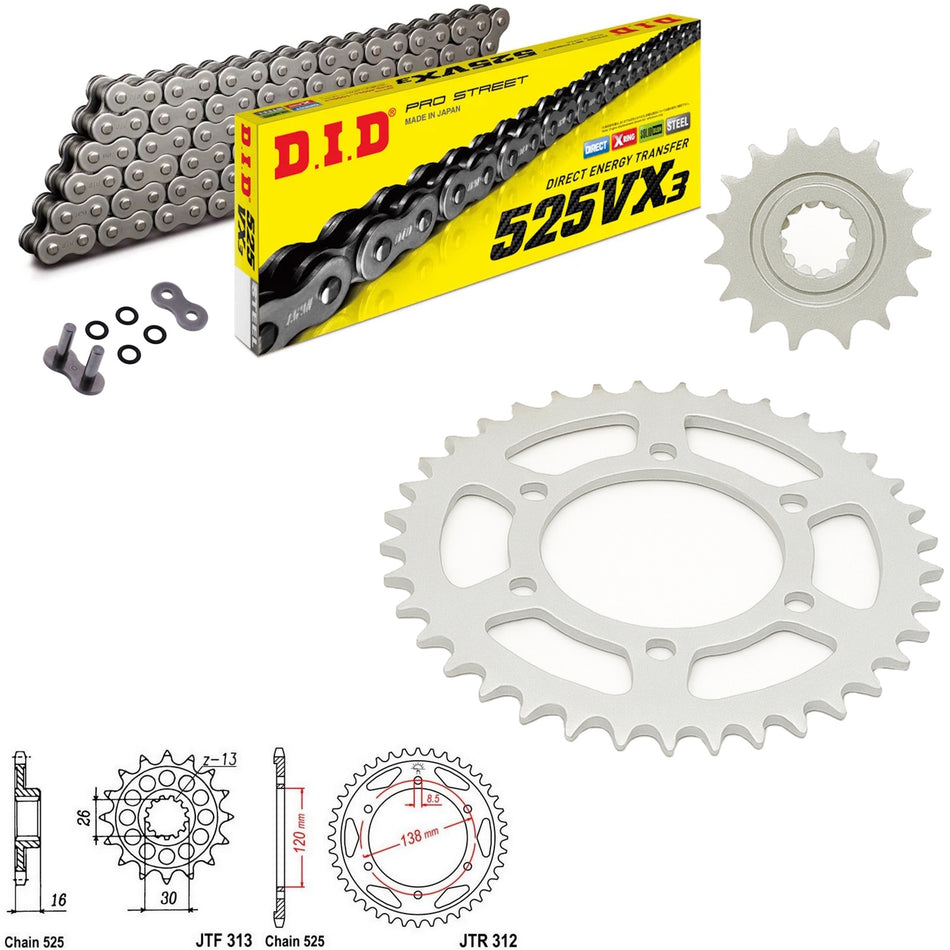 DID VX3 525x106 Chain with JTF313.16 & JTR312.40 Sprocket Kit