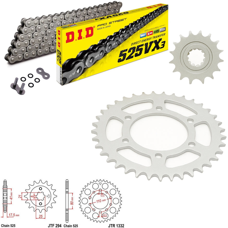 DID VX3 525x106 Chain with JTF294.14 & JTR1332.36 Sprocket Kit