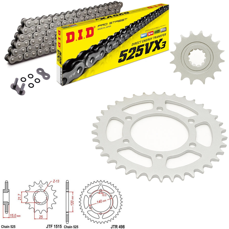 DID VX3 525x108 Chain with JTF1515.15 & JTR498.40 Sprocket Kit