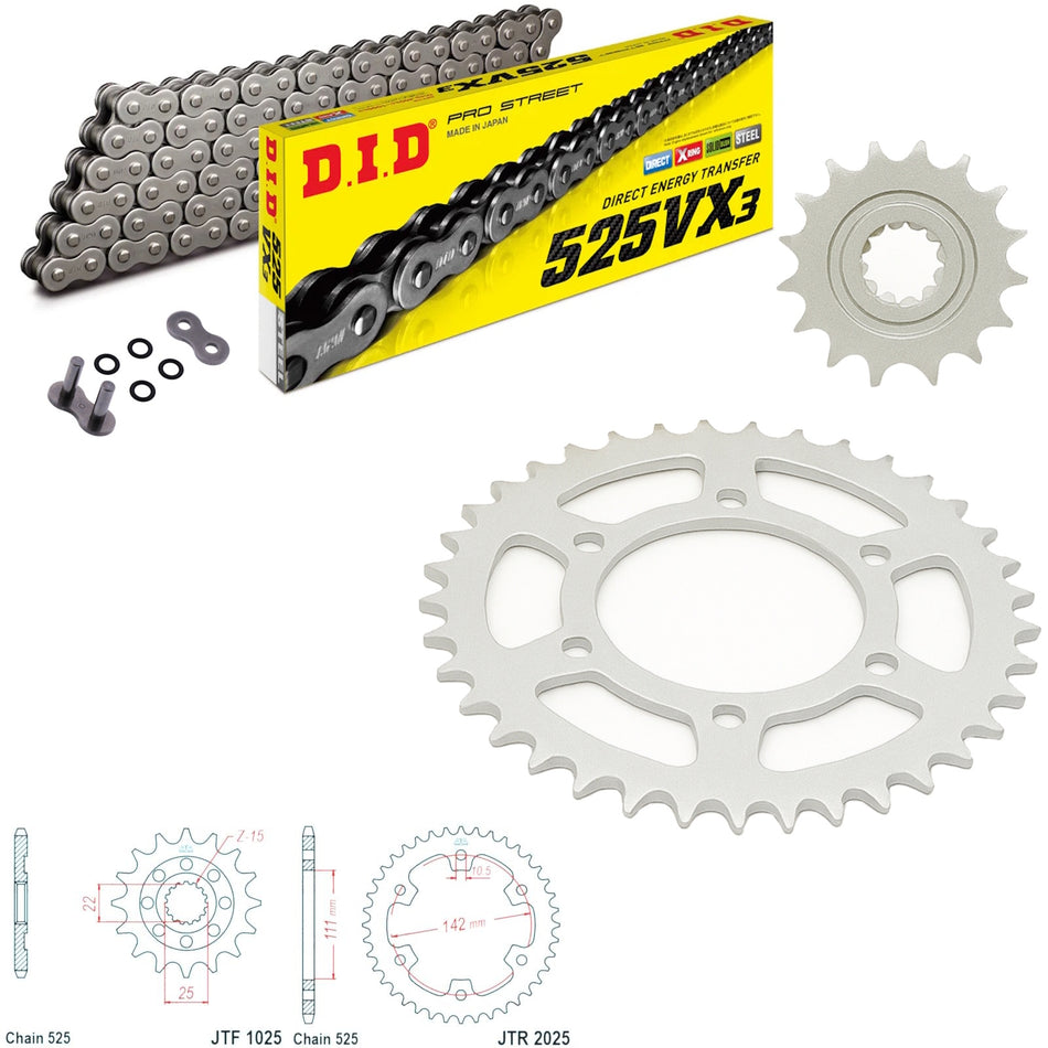 DID VX3 525x100 Chain with JTF1025.15 & JTR2025.38 Sprocket Kit