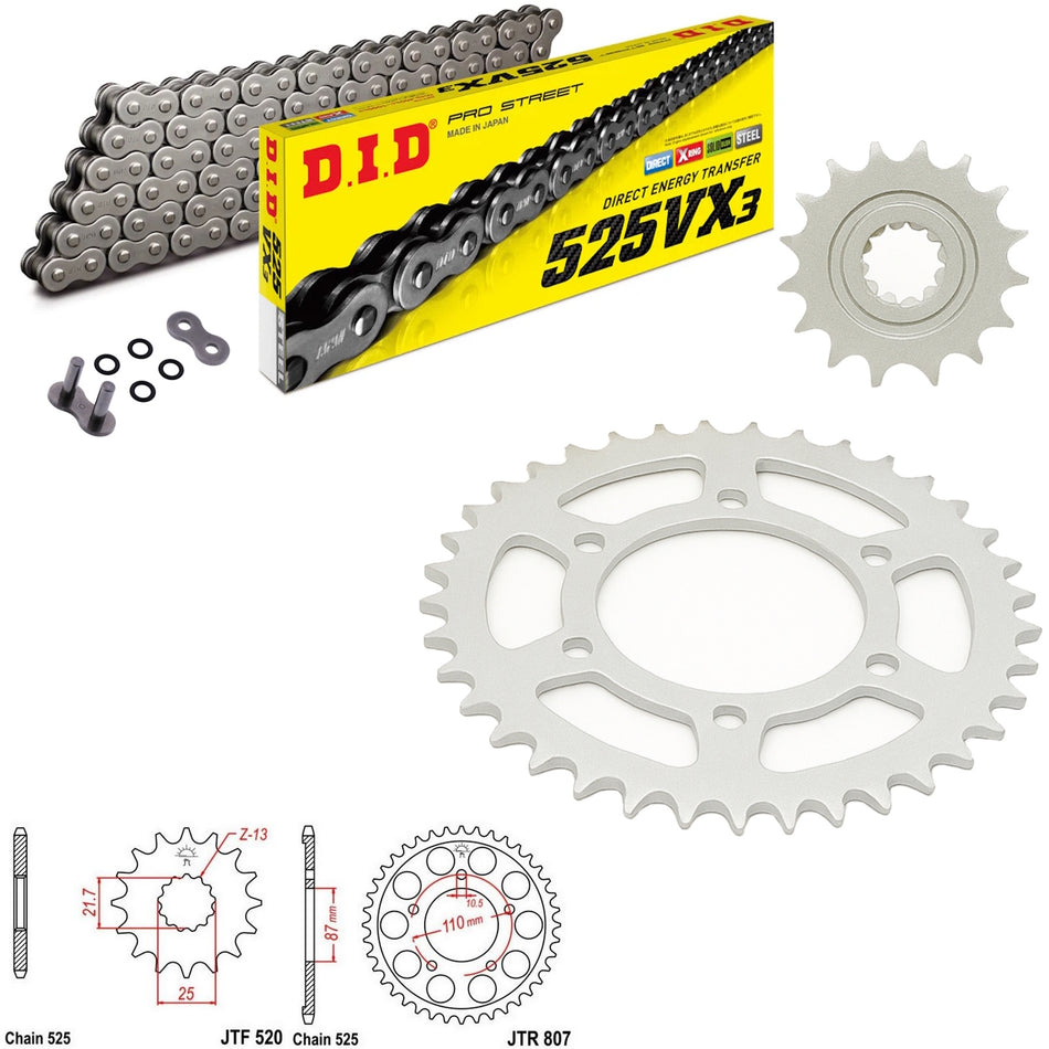 DID VX3 525x108 Chain with JTF520.15 & JTR807.45 Sprocket Kit