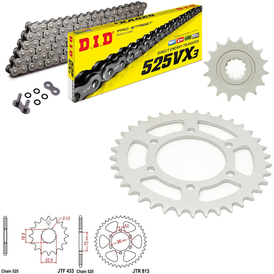 DID VX3 525x102 Chain with JTF433.16 & JTR813.40 Sprocket Kit
