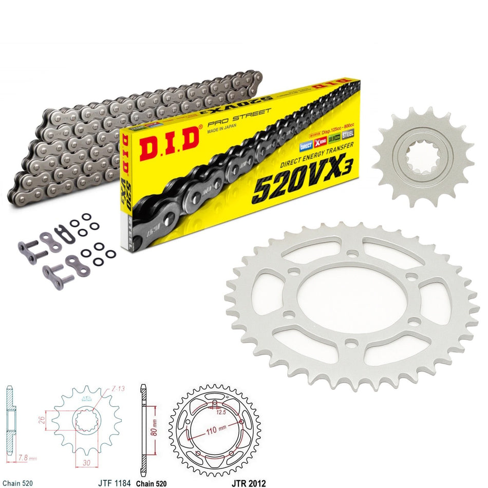 DID VX3 520x112 Chain with JTF1184.18 & JTR2012.42 Sprocket Kit