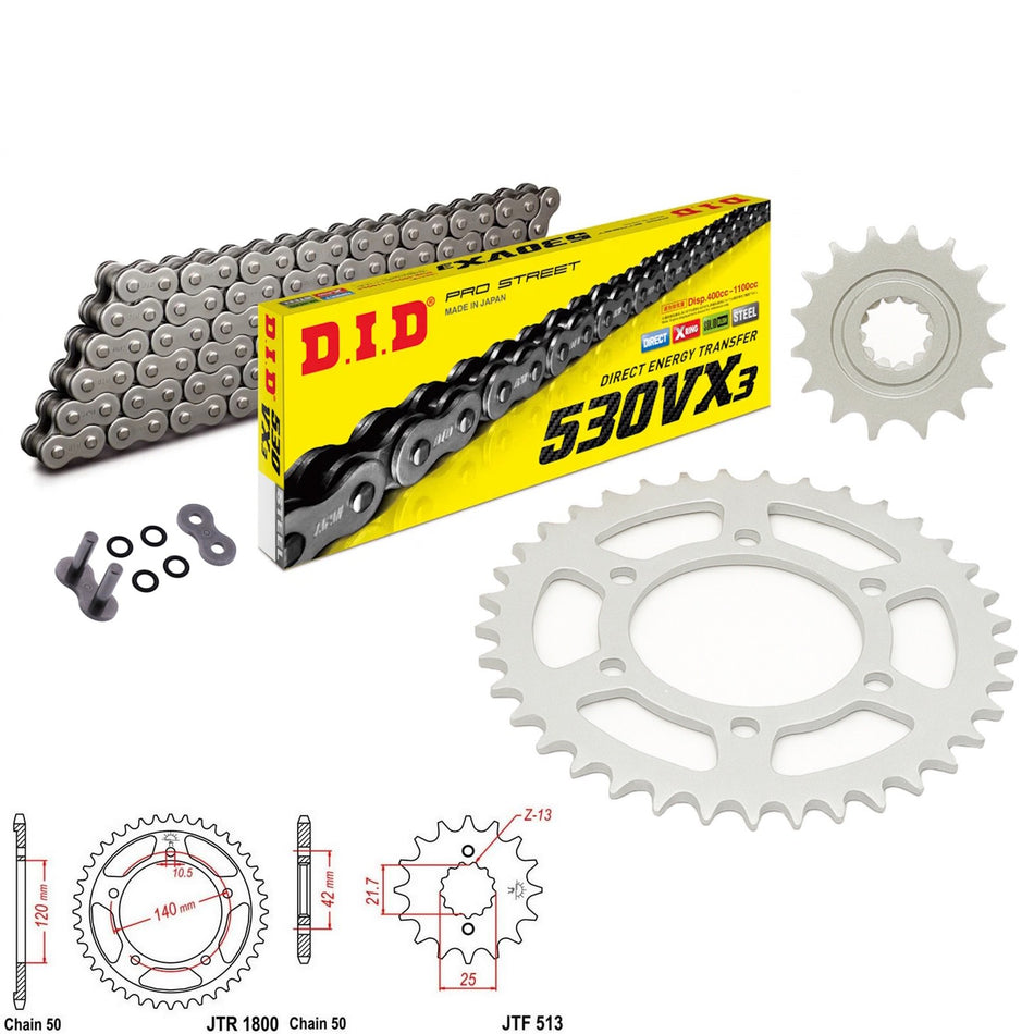 DID VX3 530x116 Chain with JTF513.15 & JTR1800.45 Sprocket Kit