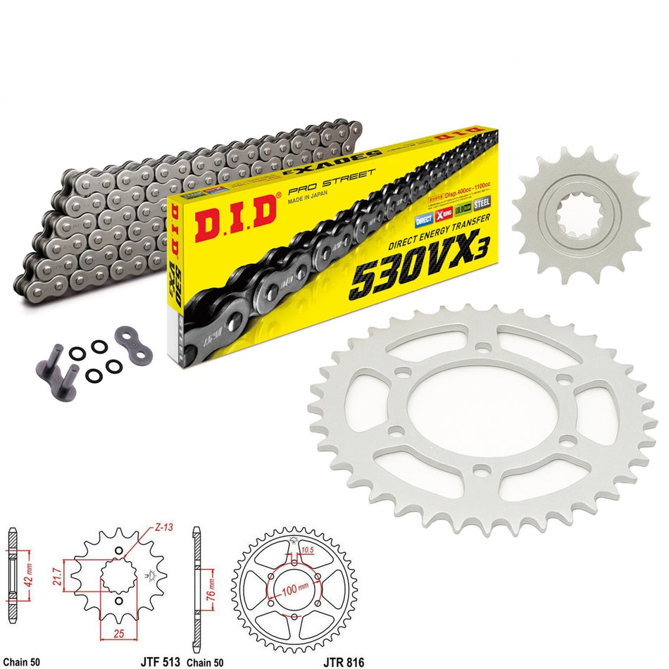 DID VX3 530x110 Chain with JTF513.15 & JTR816.45 Sprocket Kit