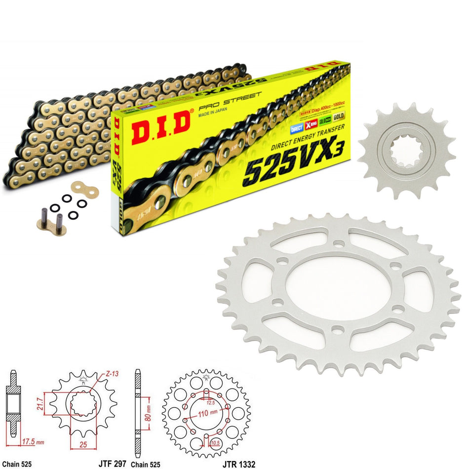 DID VX3 525x104 Gold Chain with JTF297.15 & JTR1332.41 Sprocket Kit