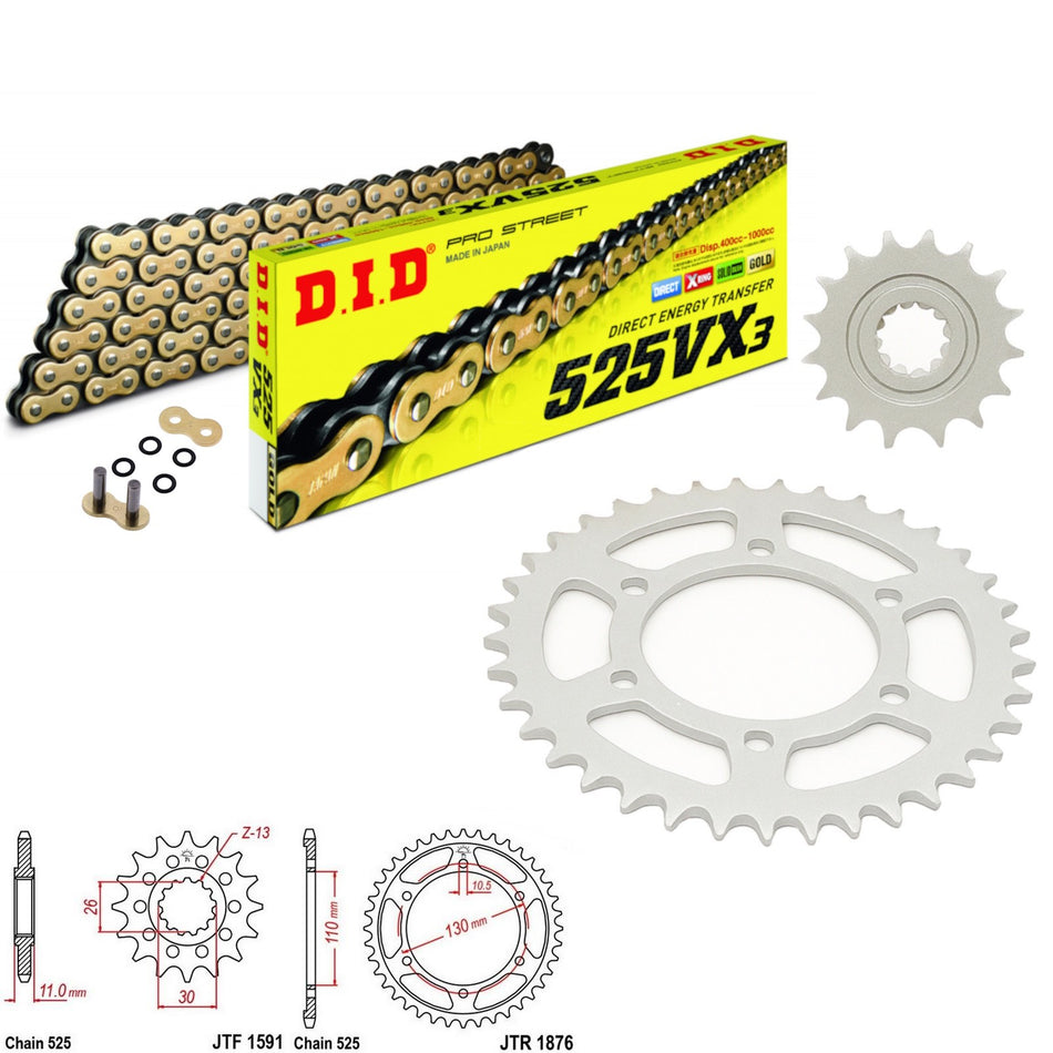 DID 525VX3 Gold Chain with JTF1591.15 & JTR1876.46 Sprocket Kit