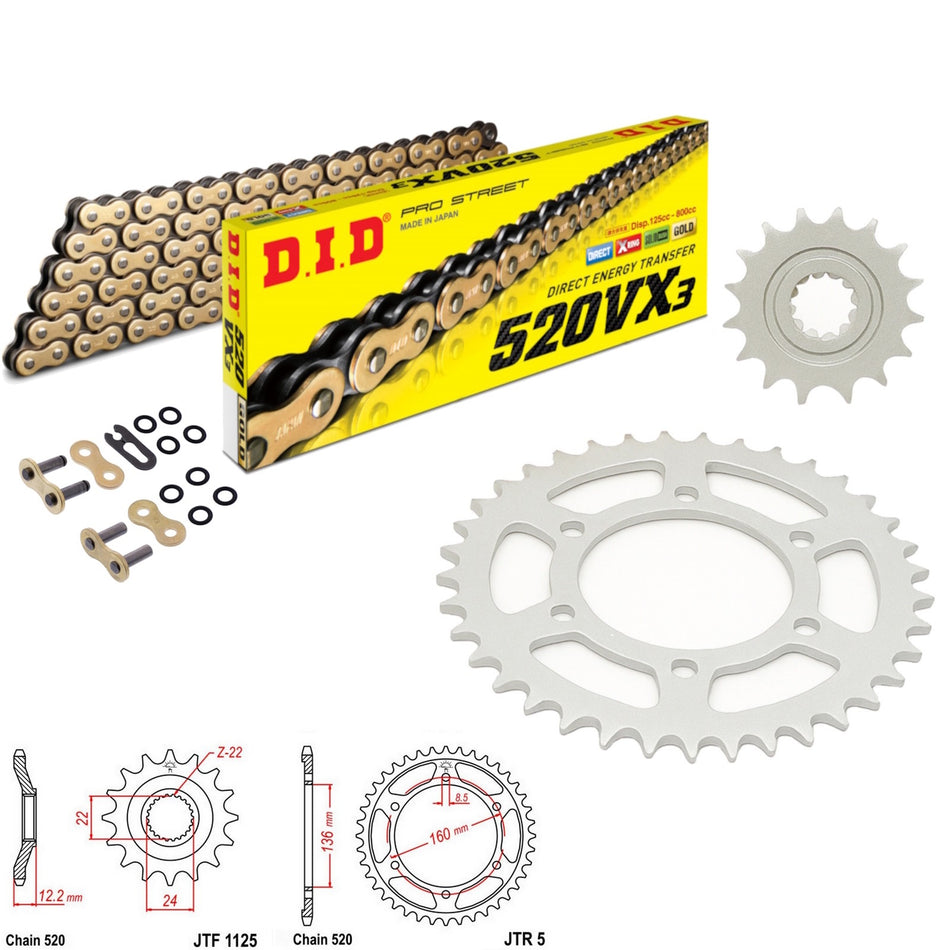 DID VX3 520x104 Gold Chain with JTF1125.16 & JTR5.45 Sprocket Kit