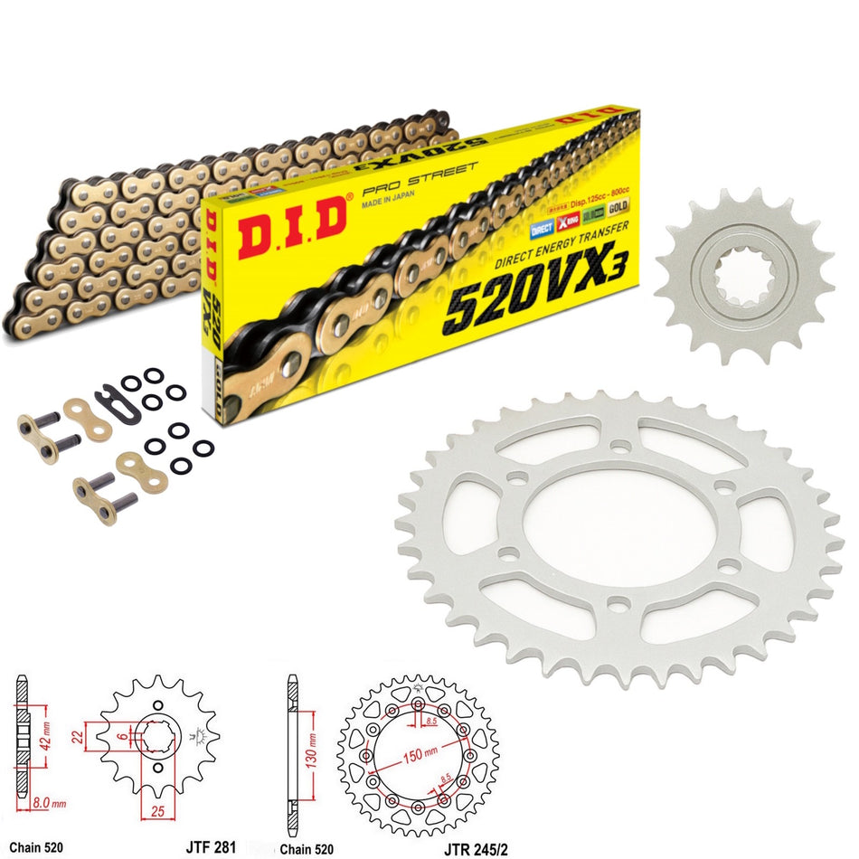 DID VX3 520x100 Gold Chain with JTF281.15 & JTR245/2.41 Sprocket Kit