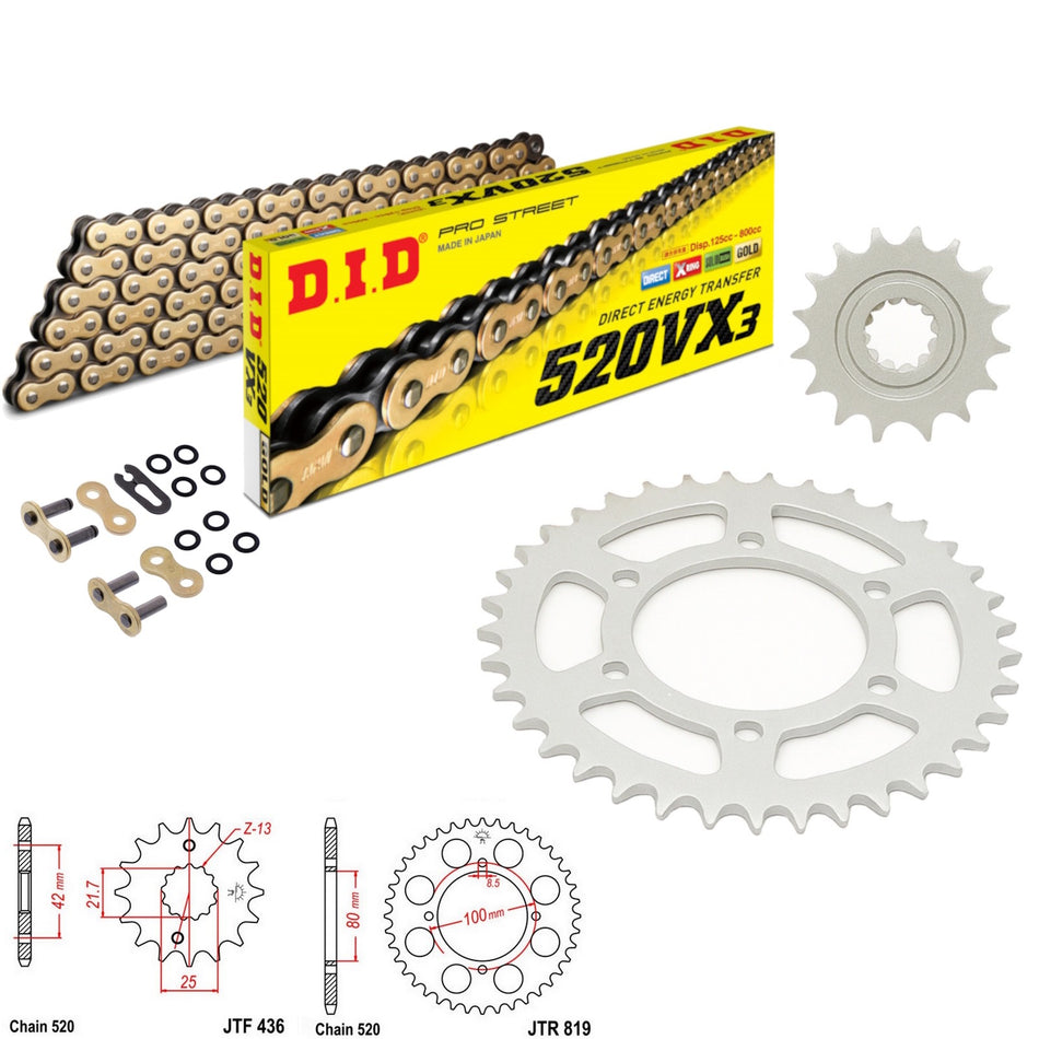 DID VX3 520x110 Gold Chain with JTF436.14 & JTR819.37 Sprocket Kit
