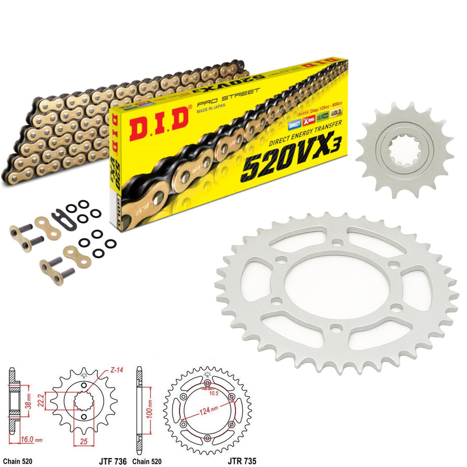 DID VX3 520x098 Gold Chain with JTF736.15 & JTR735.40 Sprocket Kit