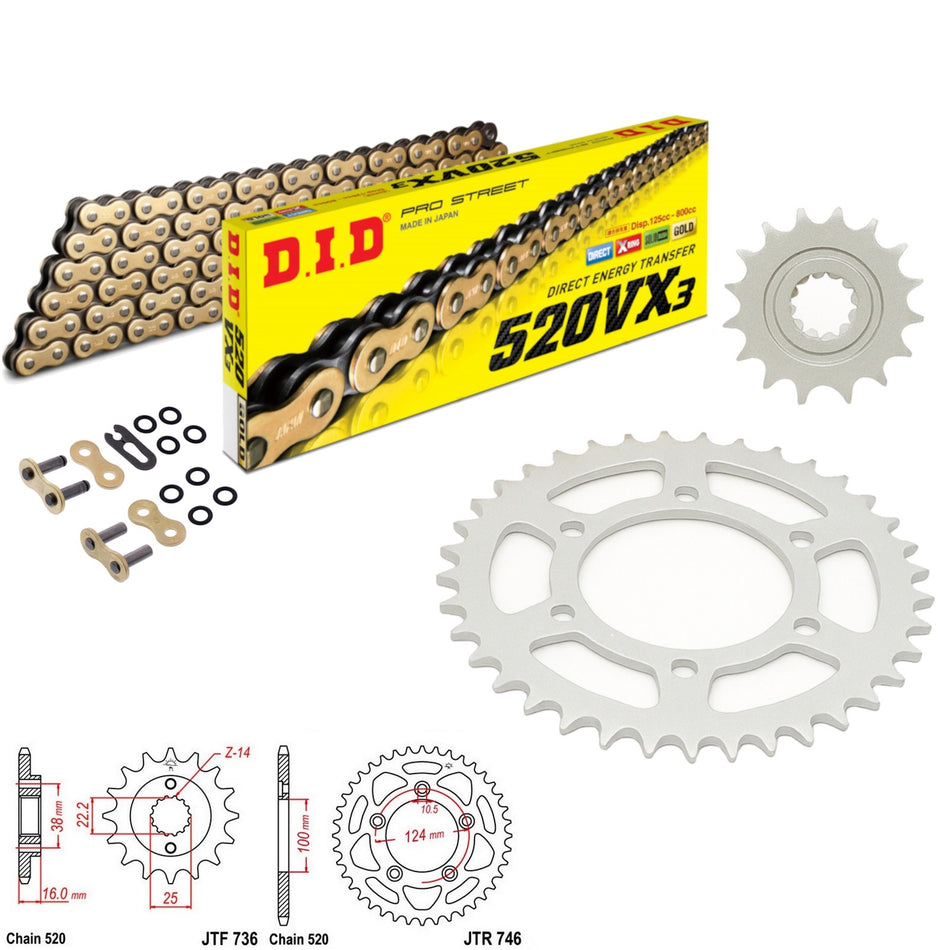 DID VX3 520x104 Gold Chain with JTF736.15 & JTR746.46 Sprocket Kit